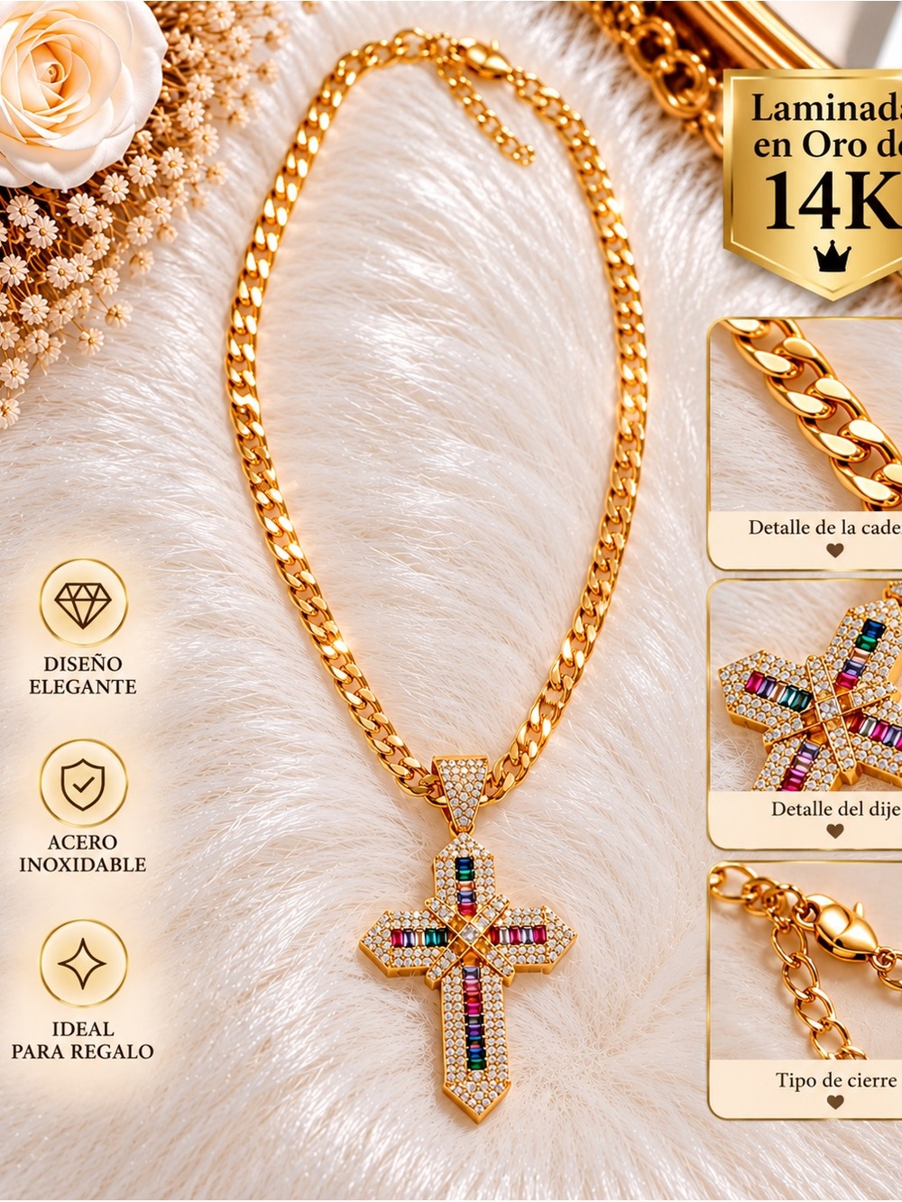14K Gold-Plated Cross Necklace with Multicolor Gem Accents